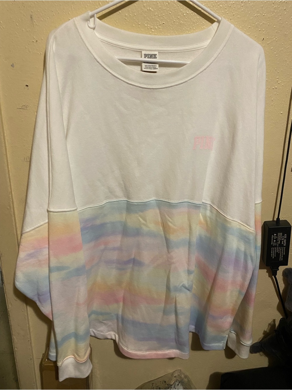 PINK Victoria's Secret White Crewneck Sweatshirt with Pastel Tie-Dye Panel